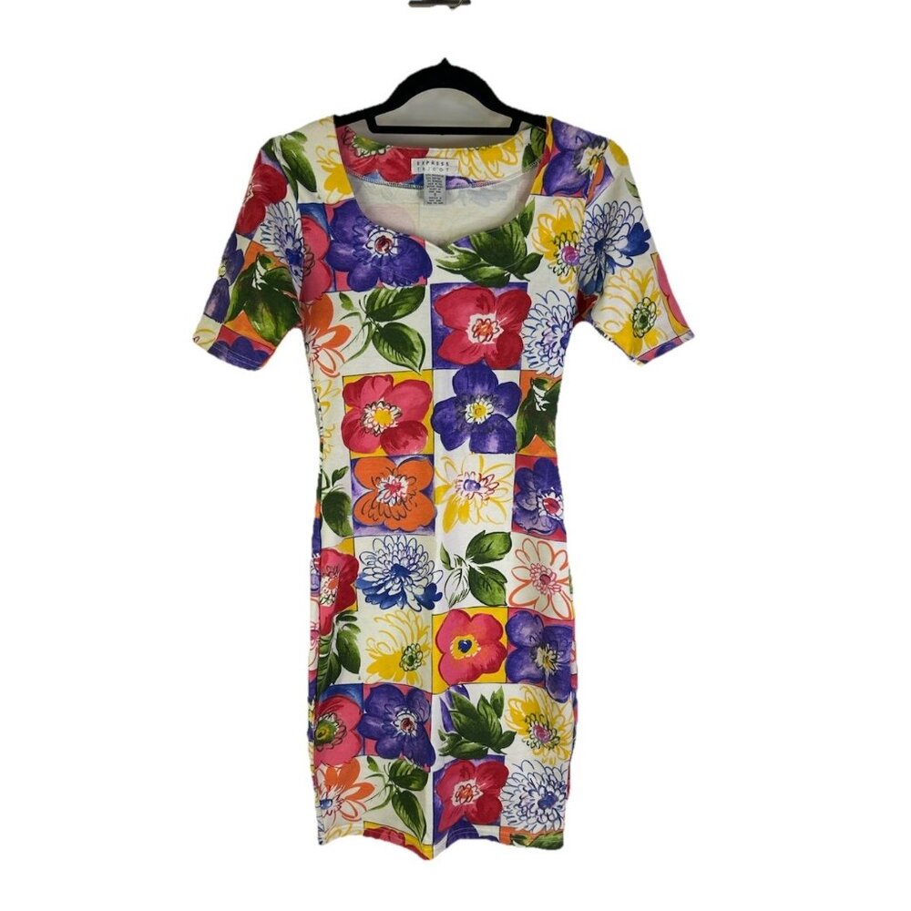 Vintage 90s Express Rainbow Patchwork Floral Penc… - image 1